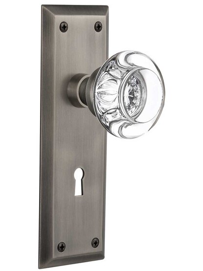 New York Style Door Set with Round Crystal Glass Knobs in Antique Pewter.